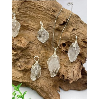 1 Piece Natural Herkimer Daimond Quartz Pendant with Copper wire and 18 inch Long Rhodium chain