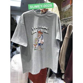 เสื้อยืดคอกลม ลายการ์ตูน สีเทา