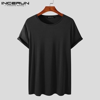 Incerun เสื้อยืดลําลองสําหรับผู้ชายแขนสั้นคอกลมสีพื้น