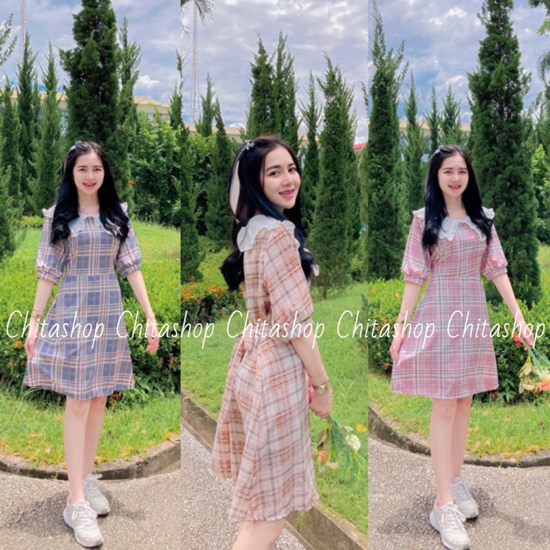CHITASH♡︎P-KPG ชุดเดรสลายสก๊อตคอปก แขนสั้น น่ารักๆ ผ้าไหมอิตาลี ใส่สบายไม่ร้อน