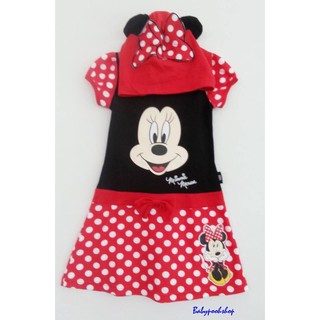 Disney : เดรสมินนี่สีแดงลายจุด มีฮูด มีโบว์แดงบนฮูด size :  3-4y