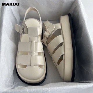 Makuu รองเท้าแตะแพลตฟอร์ม ปิดนิ้วเท้า สีขาว สไตล์เกาหลี ฝรั่งเศส แฟรี่ สําหรับผู้หญิง