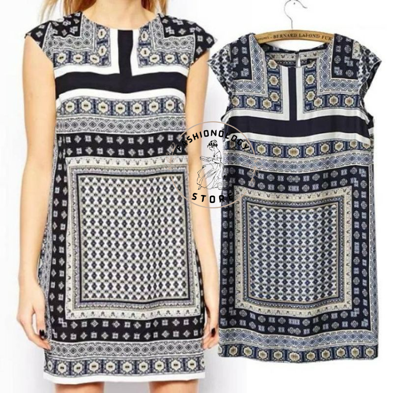 MANGO MNG ~ ชุดเดรสผู้หญิงรูปภาพจริง Simple Tribal Motif Aztec Scraft Print Shift Dress Branded