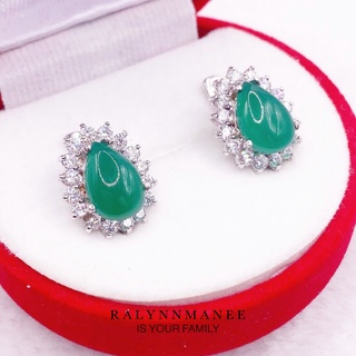 Q6409 ต่างหูพลอยโมราแท้ ( Chrysoprase ) แบบอิงลิชล็อค ตัวเรือนเงินแท้ 925 ชุบทองคำขาว