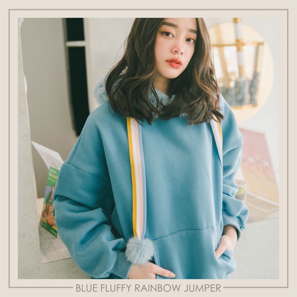 icyicy เสื้อฮู้ดเกาหลีแต่งขนเฟอร์ - สีฟ้า T12402