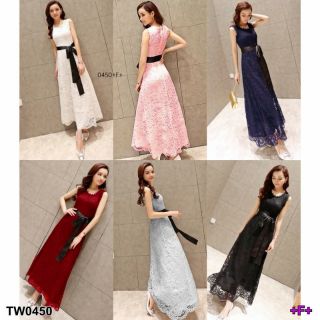 TW0450  MaxiDress เดรสผ้าลูกไม้ทรงยาว แขนกุด แต่งโบว์ผูก ริ้บบิ้น