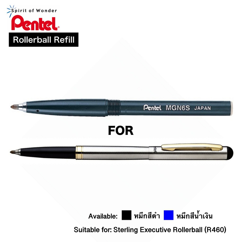 Pentel ไส้ปากกาโรลเลอร์ เพนเทล R460 รุ่น MGN6S, MG8 0.6mm, 0.8mm [หมึกสีดำ, น้ำเงิน]