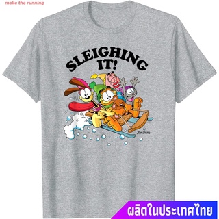 เสื้อยืดผ้าฝ้ายพิมพ์ลายขายดี make the running Garfieldเสื้อยืดผู้ชาย Garfield Sleighing It Garfield Short sleeve T-shirt