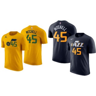 เสื้อยืดผ้าฝ้ายพิมพ์ลายแฟชั่นเสื้อยืดแขนสั้นพิมพ์ลาย Kaos Nike Nba Gametime Jazz Utah 45 Mitchell สําหรับผู้ชาย