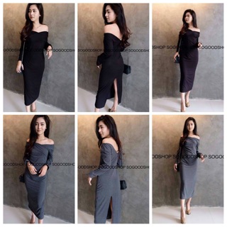 เดรสยาว แขนยาวเปิดไหล่ ผ่าหลัง ผ้ายืดเรยอน ทรงเข้ารูปเรียบหรู