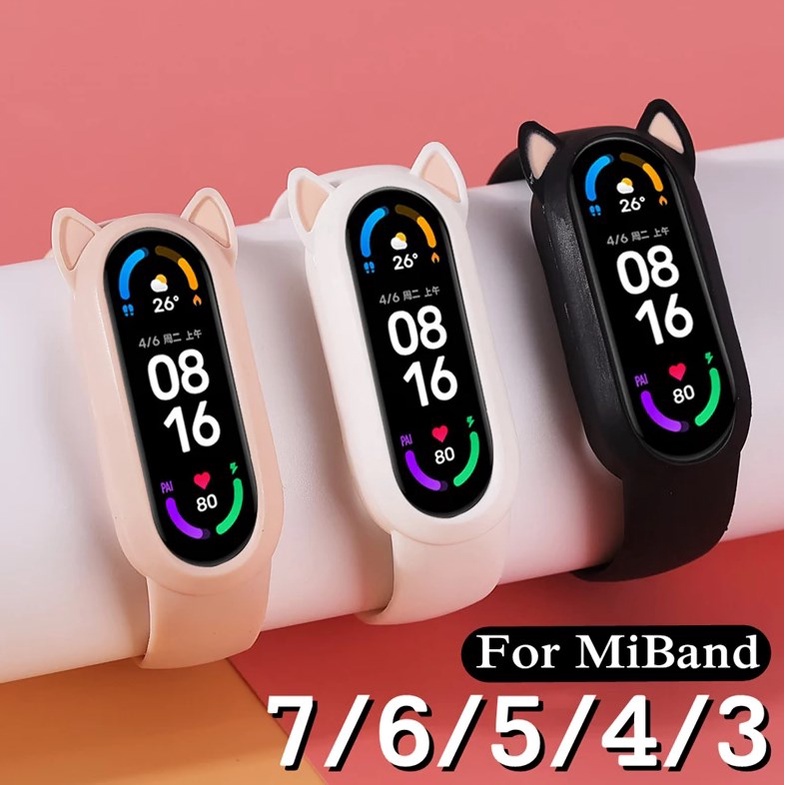 สายนาฬิกาข้อมือซิลิโคน ลายการ์ตูนหูแมวน่ารัก แบบเปลี่ยน สําหรับ Xiaomi Mi Band 8 7 6 5 4 3 MiBand6 Miband5 Miband4