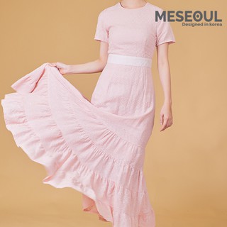 MESEOUL - เดรสยาวลูกไม้แขนสั้นลายฉลุ