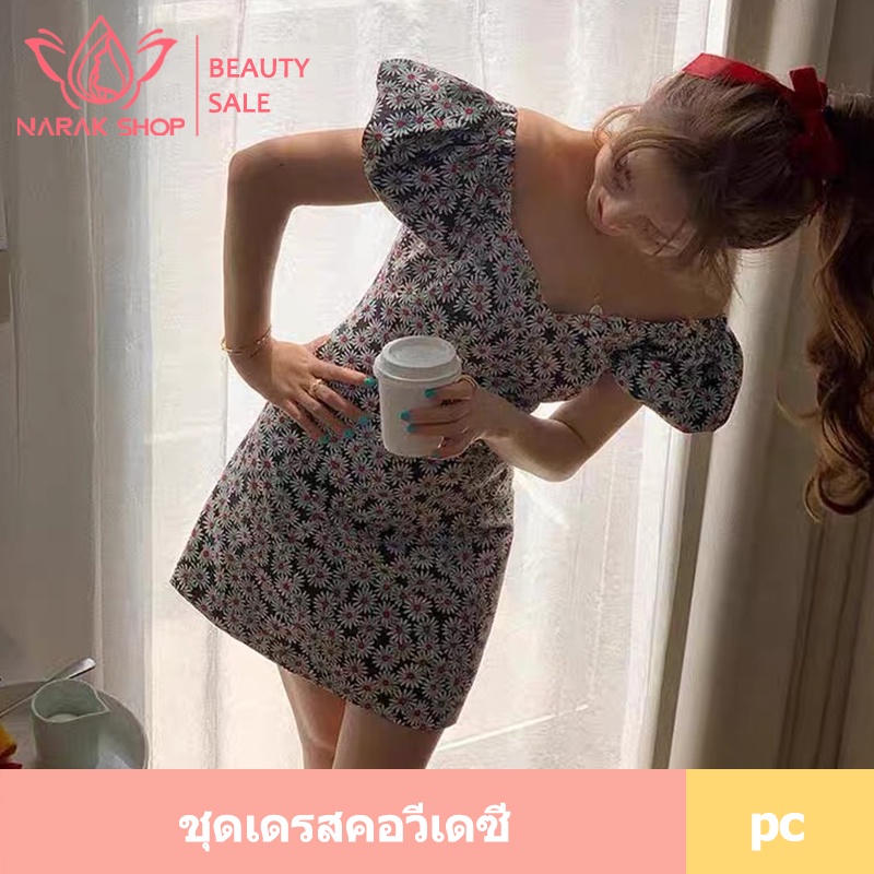 ชุดเดรสกระโปรงสั้นแขนพัฟผู้หญิง   ฤดูร้อนนางฟ้าฝรั่งเศสจีบคอสี่เหลี่ยมเอวชุดกระชับสัดส่วนน่าระทึกใจ