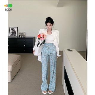 Floral summer design high waist loose straight pants female student casual pants wide leg pants new slim pants