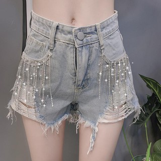 🔥Hot Sale!กางเกงขาสั้นผ้าเดนิมขาสั้นเอวสูงทรงหลวมรัดรูป rhinestone（3139）