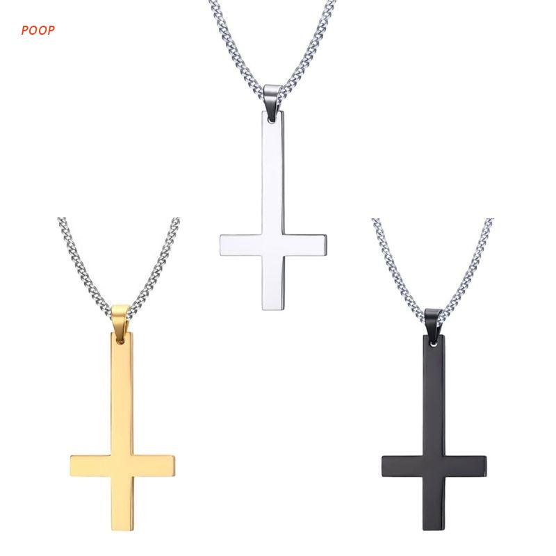 POOP Dainty Stainless Steel Upside Down Cross Necklace for Men Inverted Cross Pendant with Chain Fashion Jewelry 3 Colors