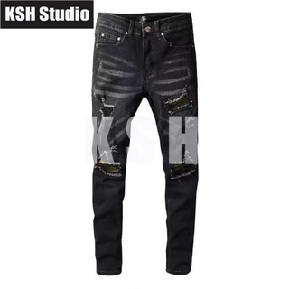 AMIRI Hole Patch Patch Beggar Black Slim Fit Skinny Elastic Jeans Men