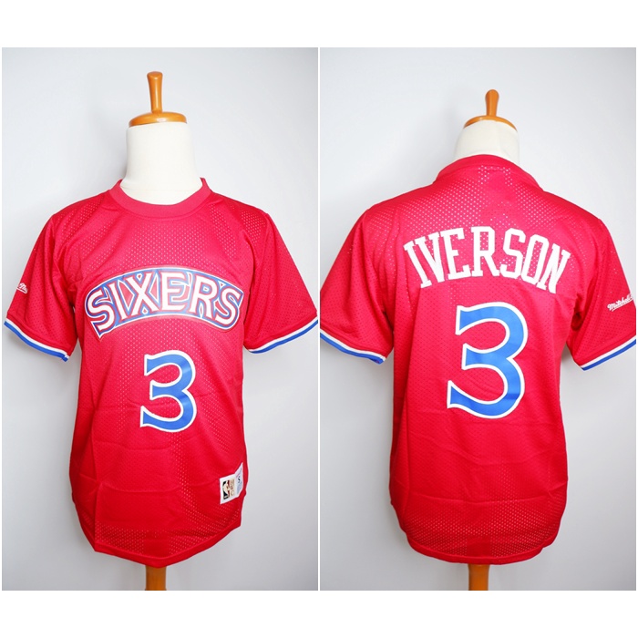 MERAH BASKETBALL JERSEY SLEEVE JERSEY SIXERS 3 ALLEN IVERSON RED MITCHELL&NESS