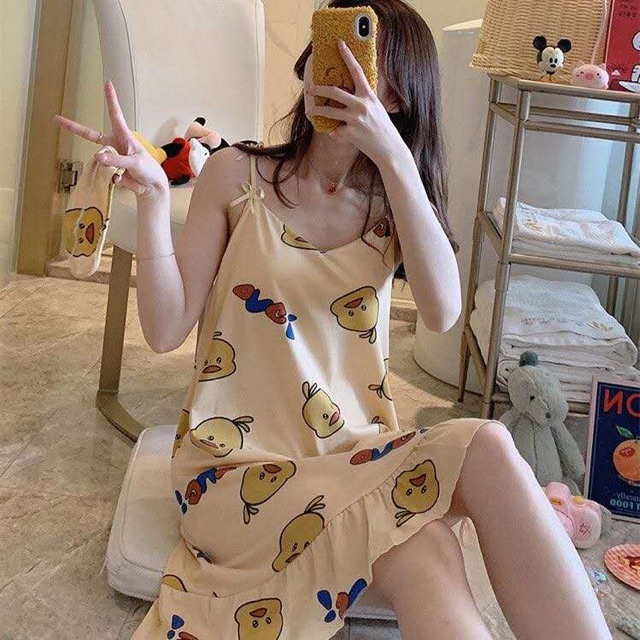 SUNNY SHOP—195-ชุดนอนผู้หญิง ผ้านิ่ม กระโปรงสายเดี่ยว พร้อมมีผ้าปิดตา มีฟองน้ำติดด้วย พิมลาย ใส่สบาย พร้อมส่ง