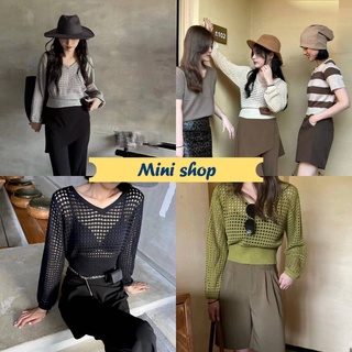 Mini shop🌸พร้อมส่ง🌸(H348)เสื้อถักไหมพรม ตาข่ายเล็กแขนยาวคอกลมใส่ง่ายมาก