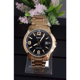 CASIO STANDARD รุ่น MTP-V004G-1B นาฬิกาผู้ชาย สายสแตนเลสสีทอง หน้าปัดดำ ของแท้ 100% รับประกันสินค้า 1 ปีเต็ม