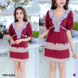 B14288 เดรสแขนพองอกติดโบว์ Puff sleeve dress with bow