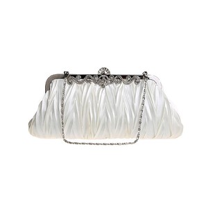 พร้อมส่ง Evening Clutch กระเป๋าออกงาน สีขาว Off-white ผ้าซาตินอัดพลีต ลายฟันปลา พร้อมสายโซ่ สั้นและยาว