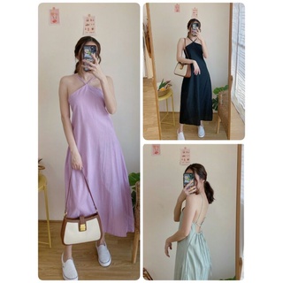 Enjoy dressพร้อมส่งค่าเดรสผ้าฝ้ายตัวยาว อกสามเหลี่ยม โชว์หลัง เอวดึงยางยืด ด้านหลังร้อยเชือกได้2แบบเลยค่า
