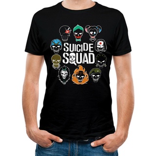 [S-5XL]เสื้อยืดแขนสั้น พิมพ์ลายโลโก้ Suicide Squad And Icons สีดํา สําหรับผู้ชาย