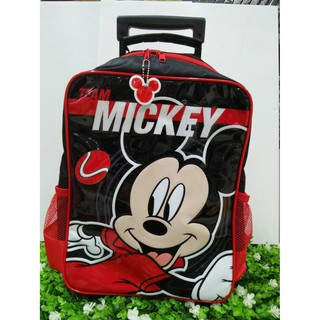 Mickey Mouse กระเป๋าเป้มีล้อลาก สะพายหลัง กระเป๋านักเรียน (สีดำคาดแดง)