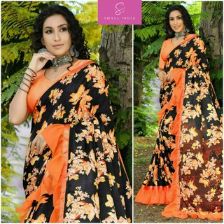 {**ส่งฟรี**} SMALL INDIA 🥻 Designer Silk Crape 🥻 Women Ruffle Saree