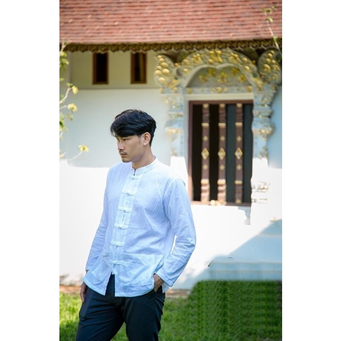 เสื้อไซส์พิเศษ 2XL อก 52 นิ้ว ผ้าฝ้าย (หนังกบ) คอจีน กระดุมจีน แขนยาว สีดำ สีขาว