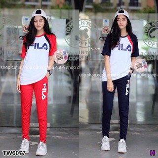 Set เสื้อไหล่สโลปแขนสั้น+กางเกงขายาวสกรีน FILA