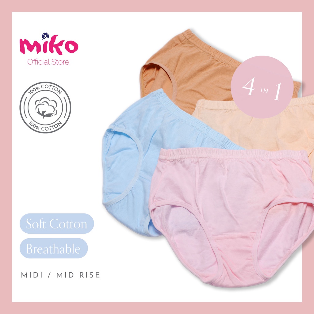 Miko 4 ชิ้นมูลค่าแพ็คผ้าฝ้าย 100% กางเกงชั้นในชุดชั้นใน Midi Mid Rise/ Maxi High Rise นุ่มและสะดวกสบ