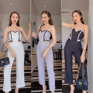 💋❤️ชุดเที่ยว Jumpsuit จั้มสูทเกาะอก แต่งกุ้นขอบลูกไม้ จั้มขายาว ผ้าซาร่า มีซิปหลัง