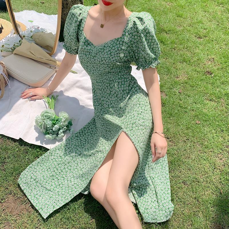 French square neck floral dress women's 2021 summer new Korean style ...