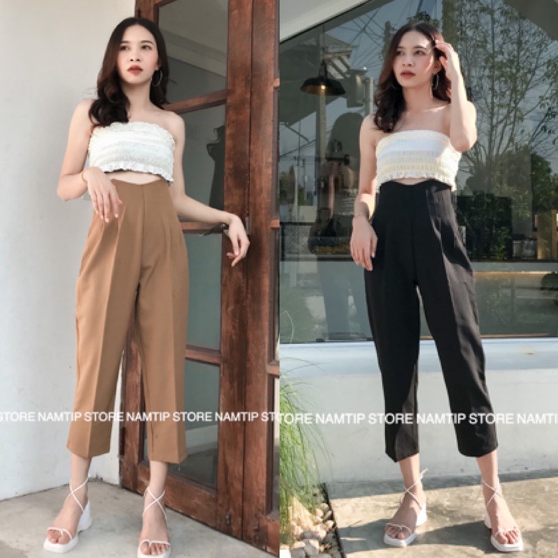 กางเกงขอบโค้งผ้าเป้เป้งานขากระบอกเล็กซิปหลัง✨🍯🧺