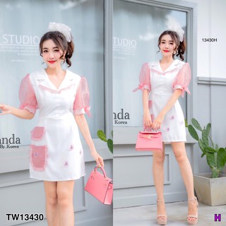 SS13430 Dress เดรส คอปก แขนพองผ้าแก้วซีทรู สีทูโทน ติดคัวแต่งผีเสื้อ