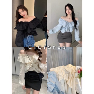 Cicishop(3039)เสื้อแขนยาวแต่งระบาย ผ้านิ่มใส่สบายไม่ร้อน ใส่ได้ปาดไหล่ได้จับแมทซ์ได้ทุกลุคสวยน่ารักแซ่บ