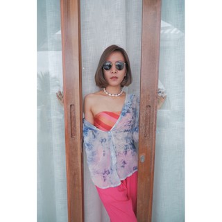 Used-เสื้อเชิ้ตสีฟ้าผ้าชีฟองพิมพ์ลาย
