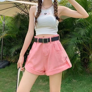 Swan shop 🍒กางเกงยีนส์ขาสั้นเอวสูง🍒 พับขาเอวยืดได้ มี④สีให้เลือก รุ่นใหม่พร้อมส่งค่ะ