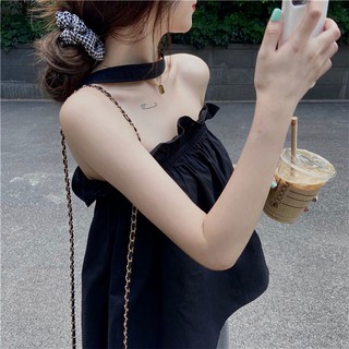 🌈เสื้อปาดไหล่ เสื้อครอป Ruffled sling womens summer wear 2021 new halter tube top topless sexy sweet bottoming shirt .