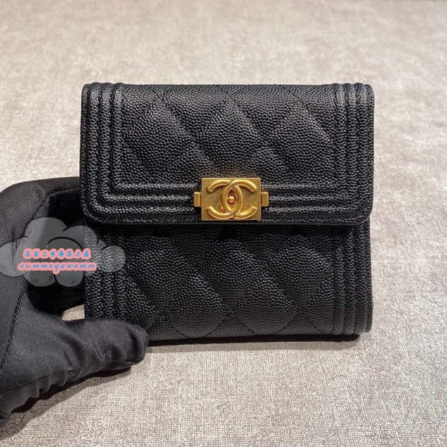 CHANEL หนังกรวดสีดำพร้อมบัคเคิ้ลสีทอง แบบหนีบสั้น/กระเป๋าสตางค์/กระเป๋าสตางค์/กระเป๋าสตางค์ A80734