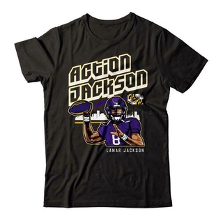 เสื้อยืดคอกลมขายดี เสื้อยืด ผ้าฝ้ายแท้ พิมพ์ลาย Lamar JacksonS Action Jackson Baltimore Ravens สีดํา ของขวัญวันเกิด สํา