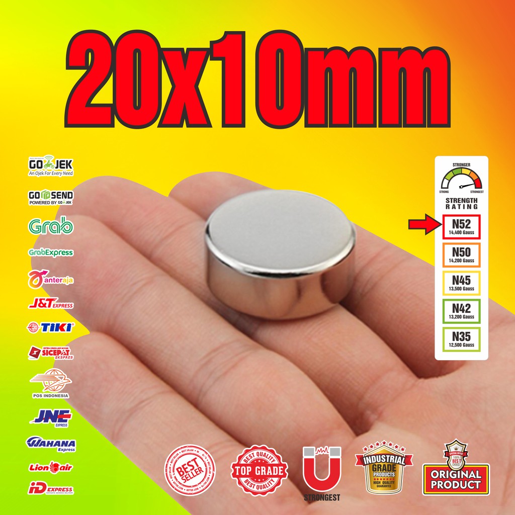 SUPER STRONG NEODYMIUM MAGNET 20x10mm - 20 x 10 mm N52
