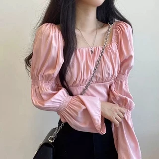 Cicishop(1824/3036)เสื้อคอเหลี่ยม สม็อคช่วงอก แต่งแขนสม็อค เนื้อผ้าใส่สบาย งานสวย