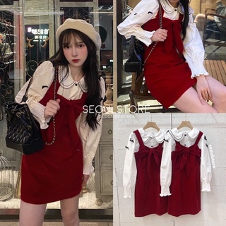 New!! korea set 🇰🇷by seoulstore  ชุดเซทสูท2 ชิ้น เสื้อเชิ้ตแขนยาวคอบัว มาคู่กับมินิเดรสสีแดงไวน์ ผ้ากำมะหยี่บุซับใน