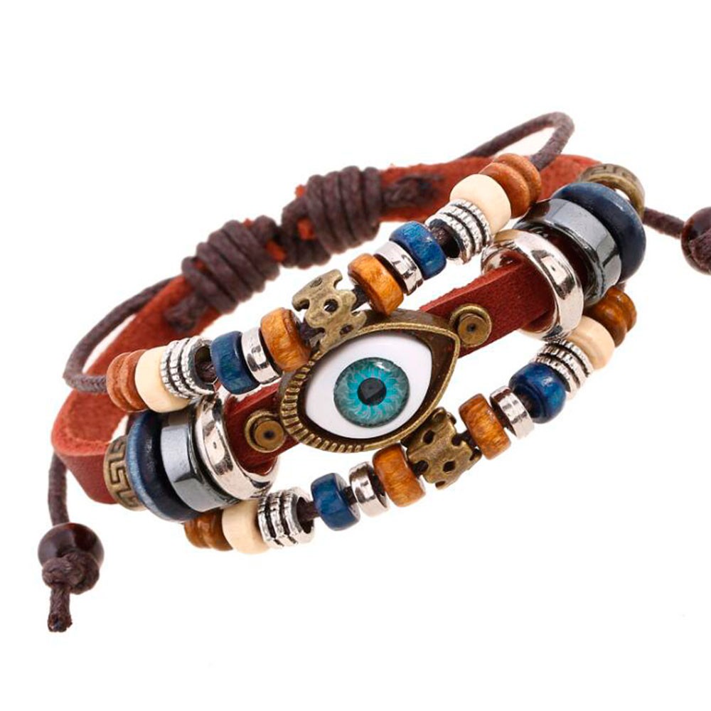 Punk Design Evil Eye สร้อยข้อมือสําหรับผู้ชายผู้หญิงแฟชั่นสายรัดข้อมือหญิงสร้อยข้อมือหนังลูกปัดหิน Vintage