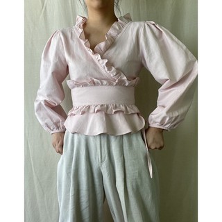 Wrap ruffle blouse in pink