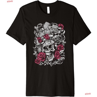 ผ้าฝ้ายคอกลมgijefd วงดนตรี Rock Guns N Roses Official Flourish Skull Pink Roses Premium T-Shirt ดพิมพ์ลาย เสื้อยืดผ้าฝ้